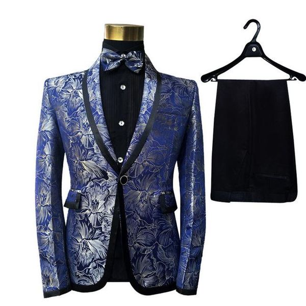 men's suits & blazers fashion shawl lapel blue floral pattern jacquard banquet singers slim fit suit men costume homme latest coat pant, White;black